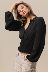 Smocking Waist Band and Puff Sleeves Deep V Neck Top BiBi BLACK S